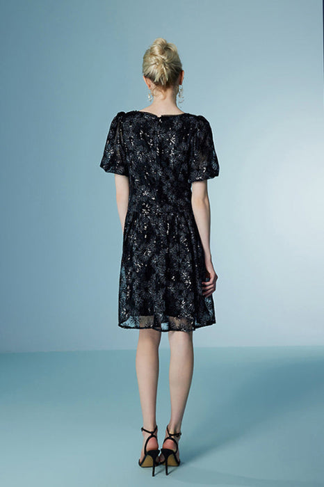 V-Neck Bubble Sleeves Black Sunflower Lace Dress Short - Dresses