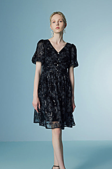 V-Neck Bubble Sleeves Black Sunflower Lace Dress Short - Dresses