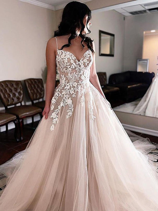Sleeveless Champagne Lace Wedding Dresses Aline-Bridelily