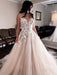 V Neck Champagne Lace Long Prom Dresses, Champagne Lace Wedding Dresses, Champagne Formal Evening Dresses 