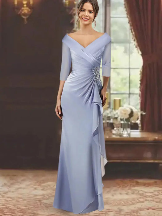 V-Neck Floor-Length Mother of the Bride Dress with Ruffles and Appliques Half Sleeves