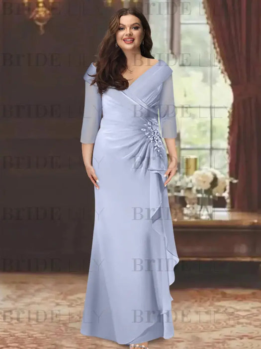 V-Neck Floor-Length Mother of the Bride Dress with Ruffles and Appliques Half Sleeves