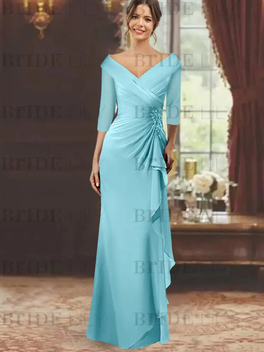 V-Neck Floor-Length Mother of the Bride Dress with Ruffles and Appliques Half Sleeves