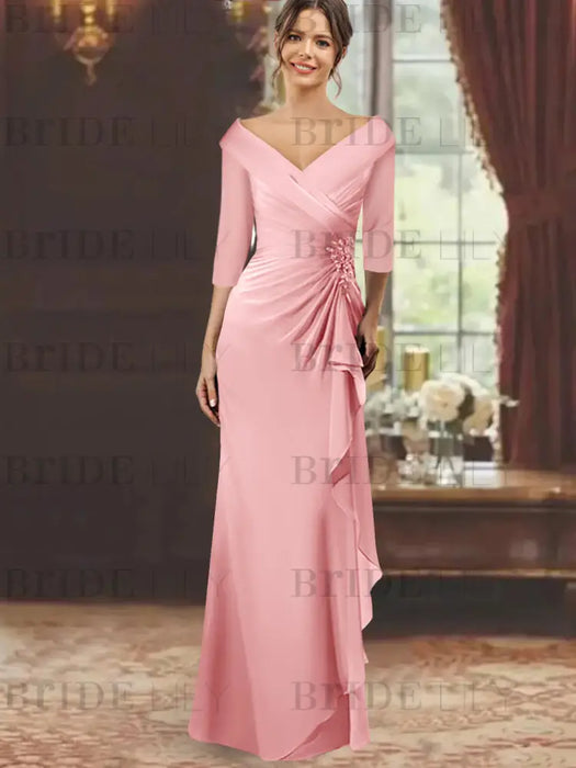 V-Neck Floor-Length Mother of the Bride Dress with Ruffles and Appliques Half Sleeves