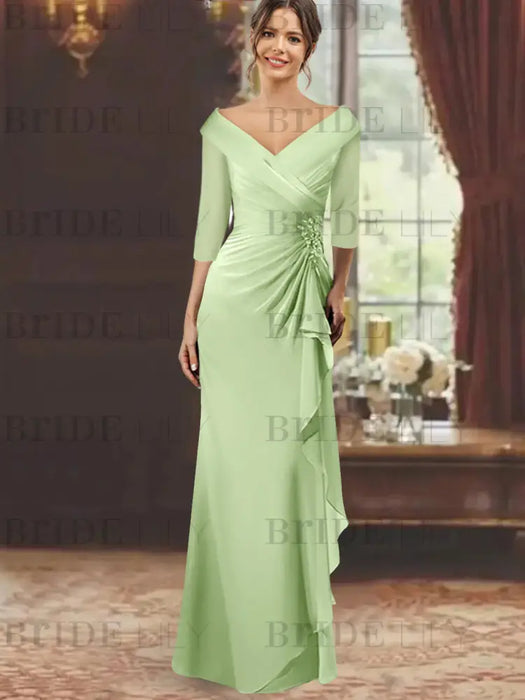 V-Neck Floor-Length Mother of the Bride Dress with Ruffles and Appliques Half Sleeves