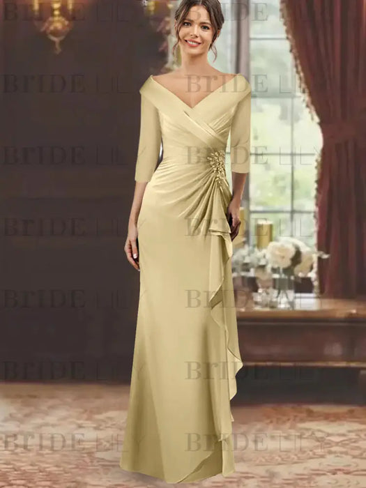 V-Neck Floor-Length Mother of the Bride Dress with Ruffles and Appliques Half Sleeves