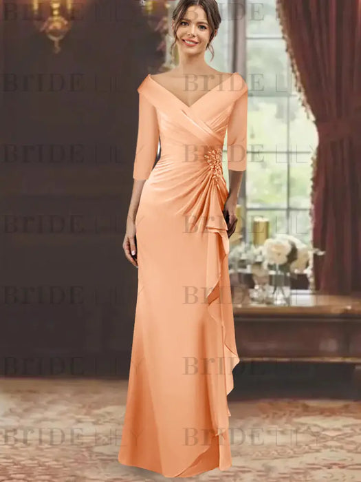 V-Neck Floor-Length Mother of the Bride Dress with Ruffles and Appliques Half Sleeves