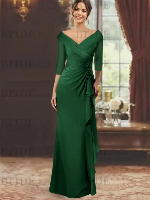 V-Neck Floor-Length Mother of the Bride Dress with Ruffles and Appliques Half Sleeves