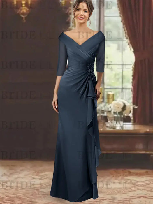 V-Neck Floor-Length Mother of the Bride Dress with Ruffles and Appliques Half Sleeves
