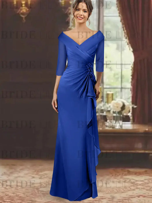 V-Neck Floor-Length Mother of the Bride Dress with Ruffles and Appliques Half Sleeves