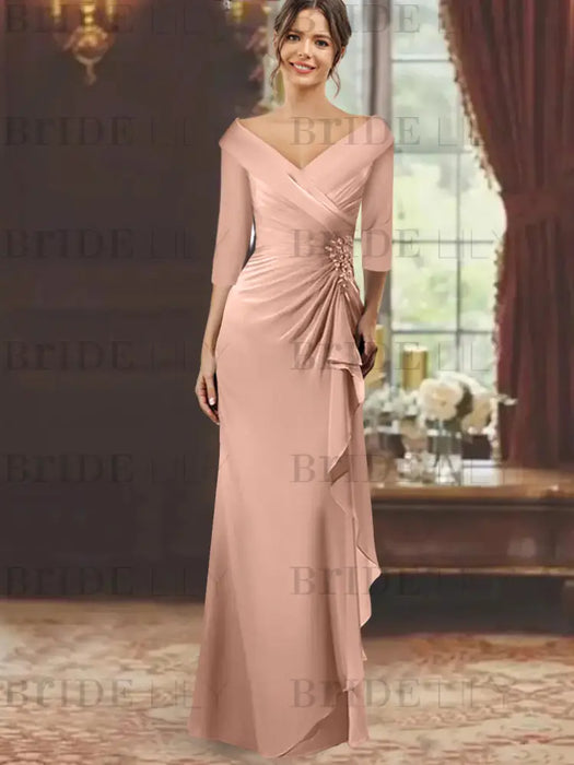 V-Neck Floor-Length Mother of the Bride Dress with Ruffles and Appliques Half Sleeves