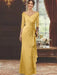 V-Neck Floor-Length Mother of the Bride Dress with Ruffles and Appliques Half Sleeves