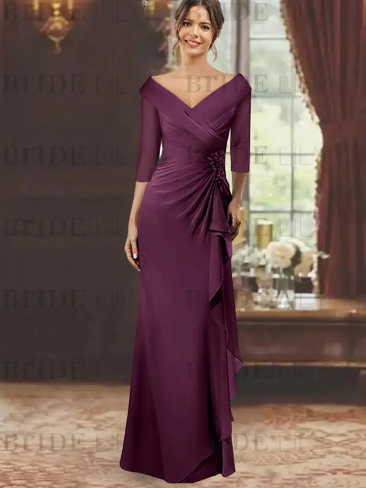 V-Neck Floor-Length Mother of the Bride Dress with Ruffles and Appliques Half Sleeves