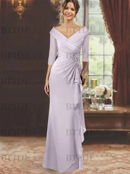 V-Neck Floor-Length Mother of the Bride Dress with Ruffles and Appliques Half Sleeves