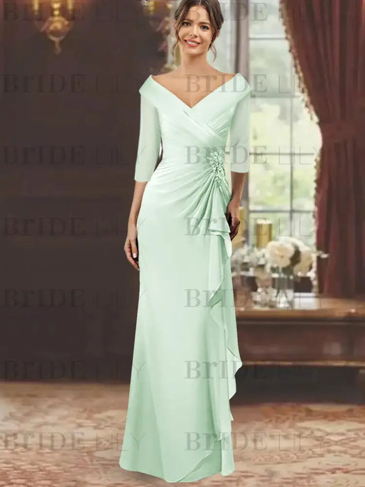 V-Neck Floor-Length Mother of the Bride Dress with Ruffles and Appliques Half Sleeves