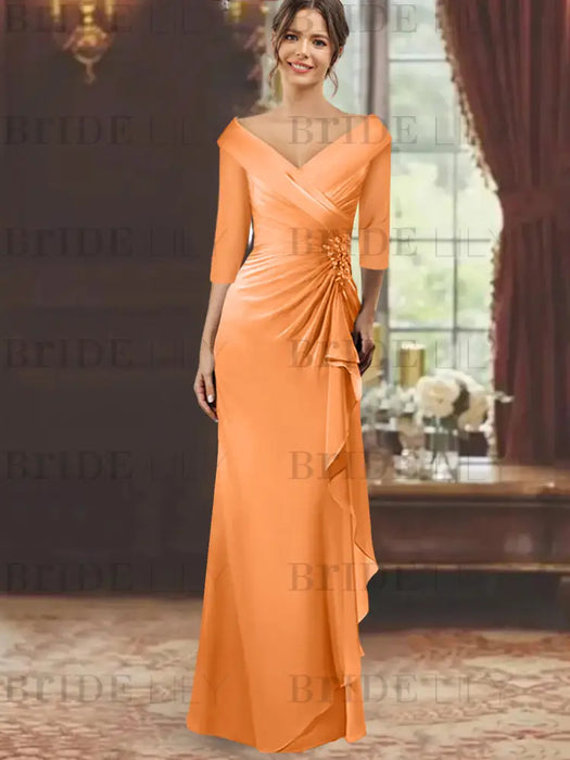 V-Neck Floor-Length Mother of the Bride Dress with Ruffles and Appliques Half Sleeves