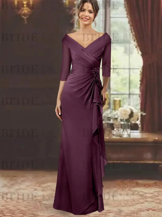 V-Neck Floor-Length Mother of the Bride Dress with Ruffles and Appliques Half Sleeves