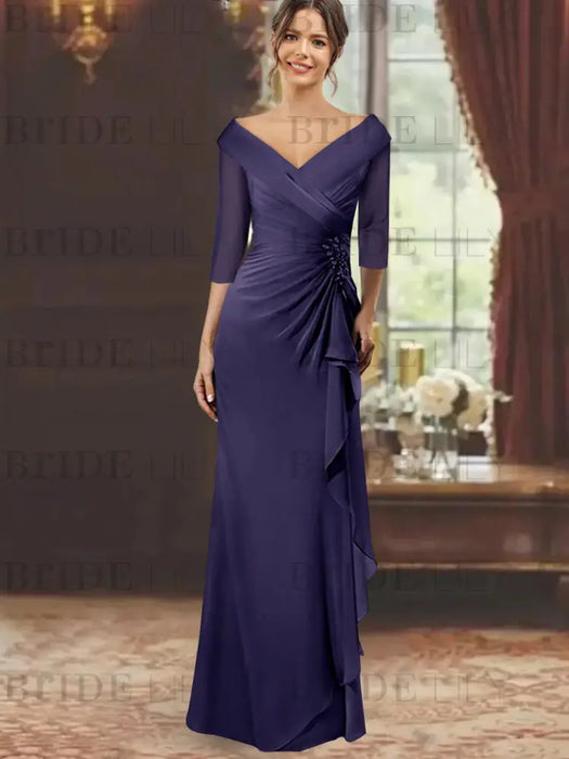 V-Neck Floor-Length Mother of the Bride Dress with Ruffles and Appliques Half Sleeves