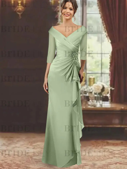 V-Neck Floor-Length Mother of the Bride Dress with Ruffles and Appliques Half Sleeves