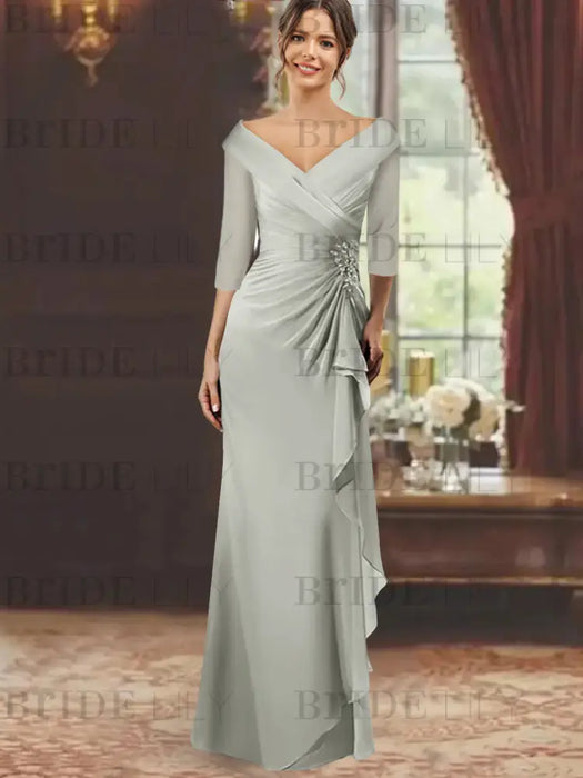 V-Neck Floor-Length Mother of the Bride Dress with Ruffles and Appliques Half Sleeves