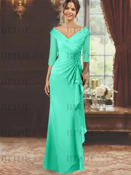 V-Neck Floor-Length Mother of the Bride Dress with Ruffles and Appliques Half Sleeves