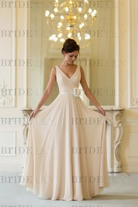 Floor Length V Neck Sleeveless Chiffon Beach Wedding Dress champagne with Flowers - Wedding Dresses