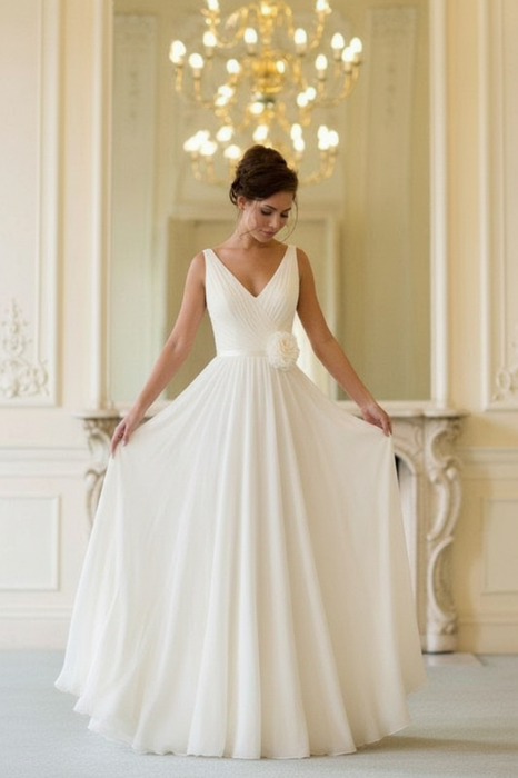 Floor Length V Neck Sleeveless Chiffon Beach Wedding Dress Ivory with Flowers - Wedding Dresses