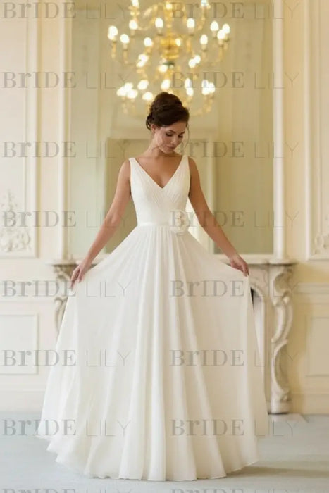Floor Length V Neck Sleeveless Chiffon Beach Wedding Dress Ivory with Flowers - Wedding Dresses