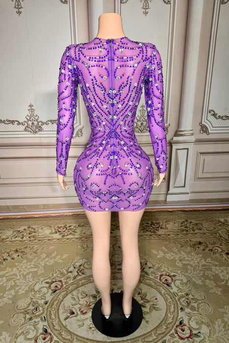 V-Neck Crystals Short Sheath Prom Dress with Long Sleeves