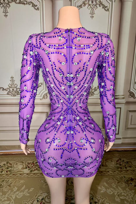 V-Neck Crystals Short Sheath Prom Dress with Long Sleeves