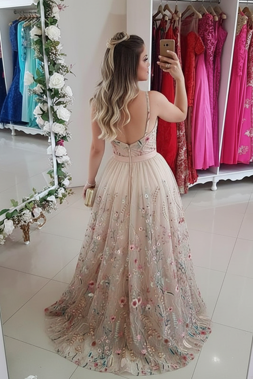 V-Neck Floral Prom Dress Back View Hidden Zipper