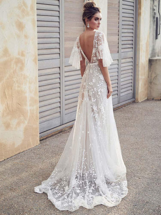 V Neck Half Sleeve Lace Boho Wedding Dress | Beach Bridal Gown - Bridelily V Neck Half Sleeve Lace Boho Wedding Dress | Beach Bridal Gown - Bridelily