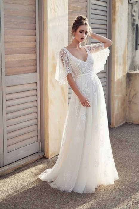 V Neck Half Sleeve Lace Boho Wedding Dress | Beach Bridal Gown - Bridelily V Neck Half Sleeve Lace Boho Wedding Dress | Beach Bridal Gown - Bridelily