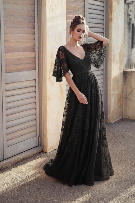 V Neck Half Sleeve Lace Boho Wedding Dress | Beach Bridal Gown - Bridelily V Neck Half Sleeve Lace Boho Wedding Dress | Beach Bridal Gown - Bridelily