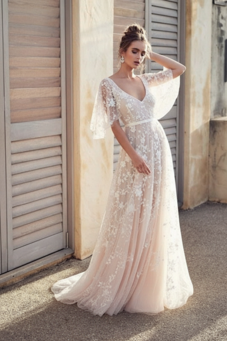 V Neck Half Sleeve Lace Boho Wedding Dress | Beach Bridal Gown - Bridelily V Neck Half Sleeve Lace Boho Wedding Dress | Beach Bridal Gown - Bridelily