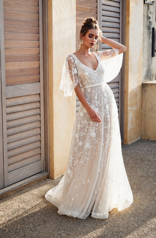 V Neck Half Sleeve Lace Boho Wedding Dresses - wedding dresses