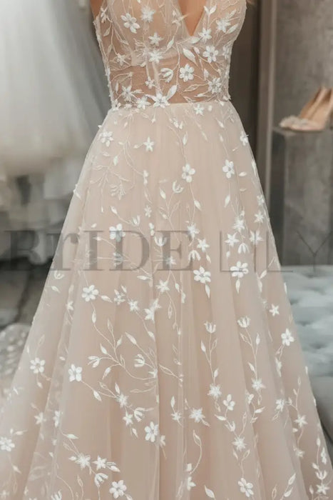 A Line V Neck Champagne Lace Long Prom Dresses-Bridelily