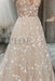 A Line V Neck Light Champagne Lace Floral Long Prom Dresses