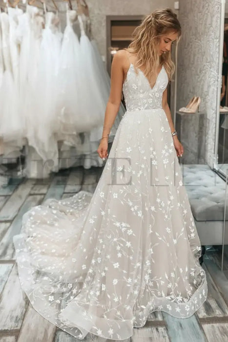 A Line V Neck Champagne Lace Long Prom Dresses-Bridelily