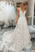 A Line V Neck White Lace Floral Long Prom Dresses