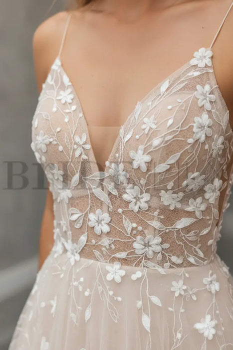 A Line V Neck Light Champagne Lace Floral Long Prom Dresses