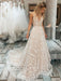 A Line V Neck Light Champagne Lace Floral Long Prom Dresses, Champagne Lace Formal Graduation Evening Dresses 