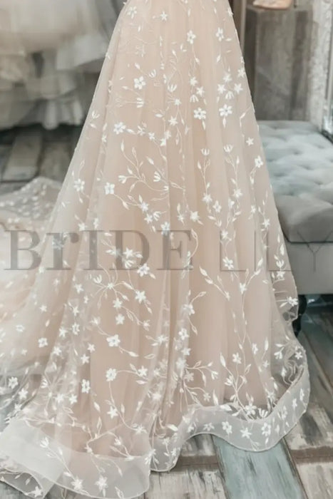 A Line V Neck Light Champagne Lace Floral Long Prom Dresses