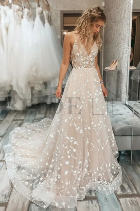 A Line V Neck Ivory Lace Floral Long Prom Dresses