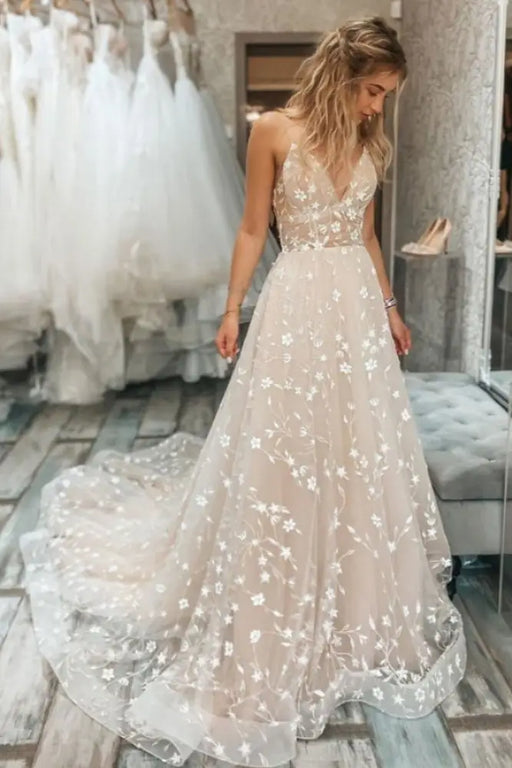 A Line V Neck Light Champagne Lace Floral Long Prom Dresses