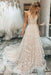 A Line V Neck Light Champagne Lace Floral Long Prom Dresses