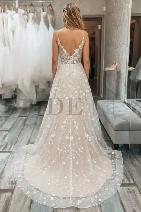 A Line V Neck Light Champagne Lace Floral Long Prom Dresses
