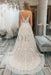 A Line V Neck Light Champagne Lace Floral Long Prom Dresses