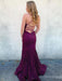 V Neck Long Backless Mermaid Lace Purple Prom Dresses, Backless Mermaid Purple Lace Formal Dresses, Mermaid Lace Purple Evening Dresses