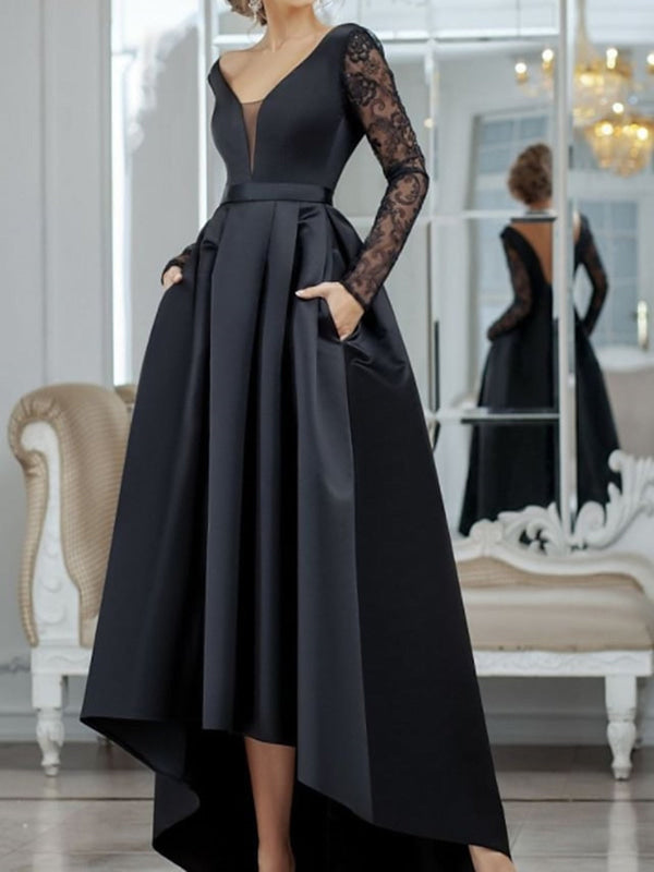 V Neck Long Sleeves Black Lace Long Prom Dresses-Bridelily
